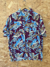 Vintage 90s red beige blue green hibiscus floral hawaiian viscose soft shirt oversized large